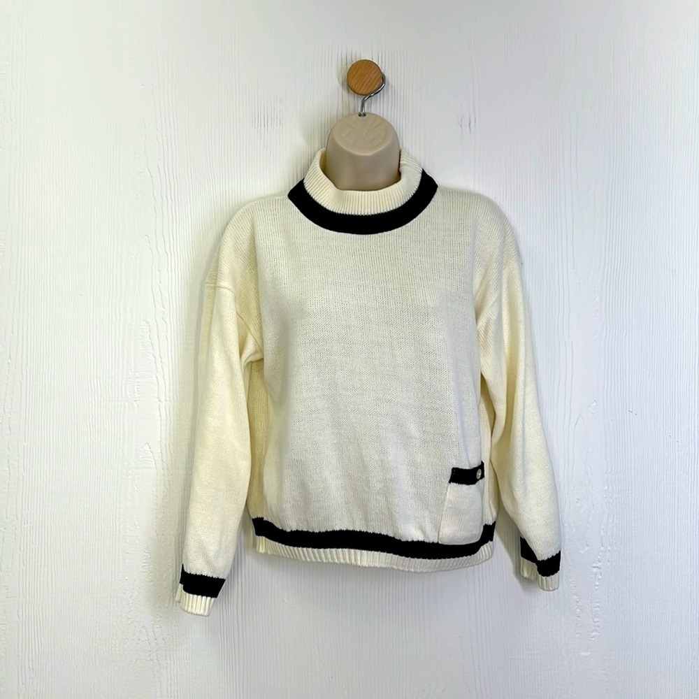 Jasper - Vintage High Neck Ivory And Black Pocket Sweater Size Large